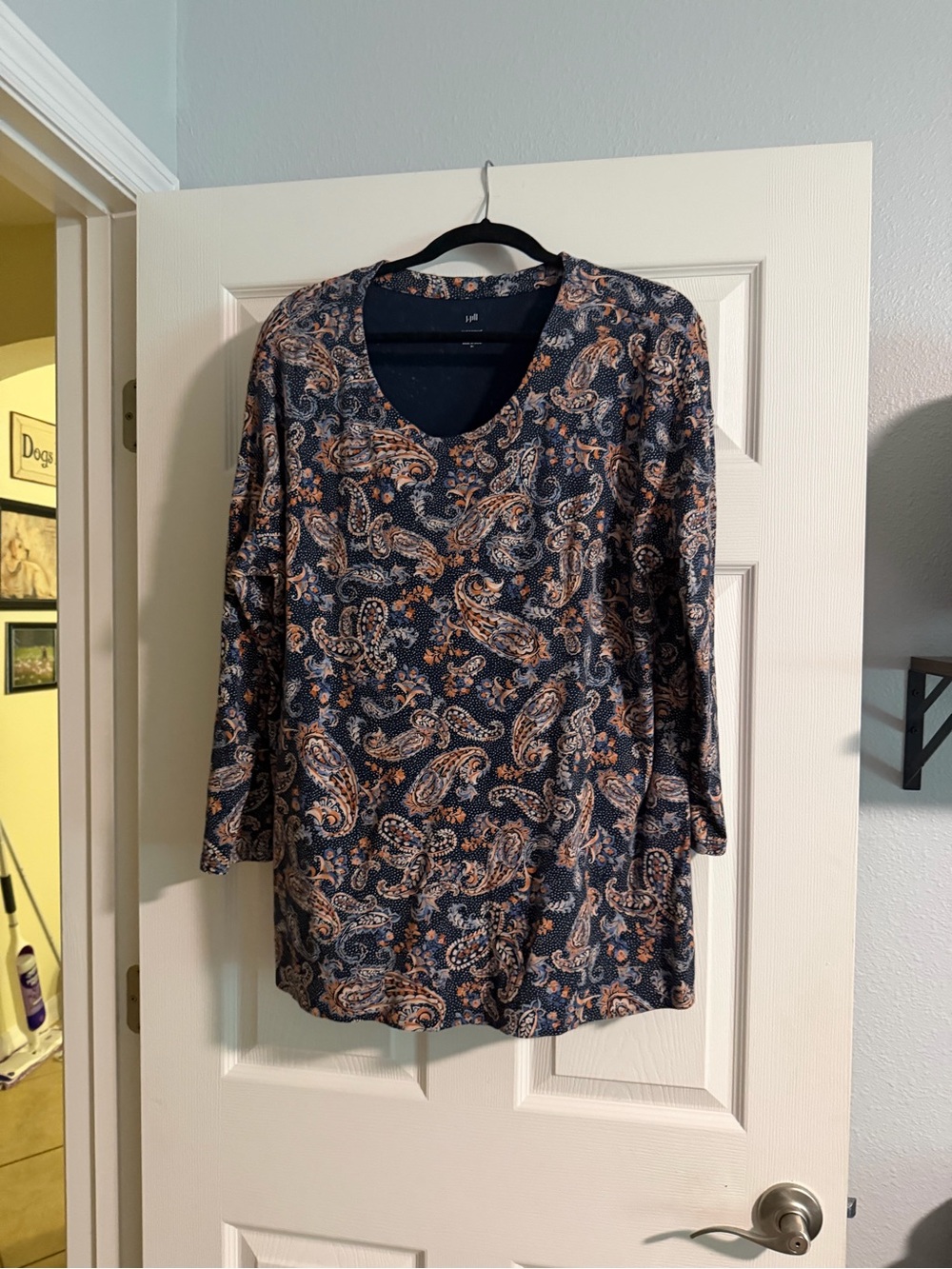 J. Jill Navy Paisley Scoop Neck Top with Rust Accents